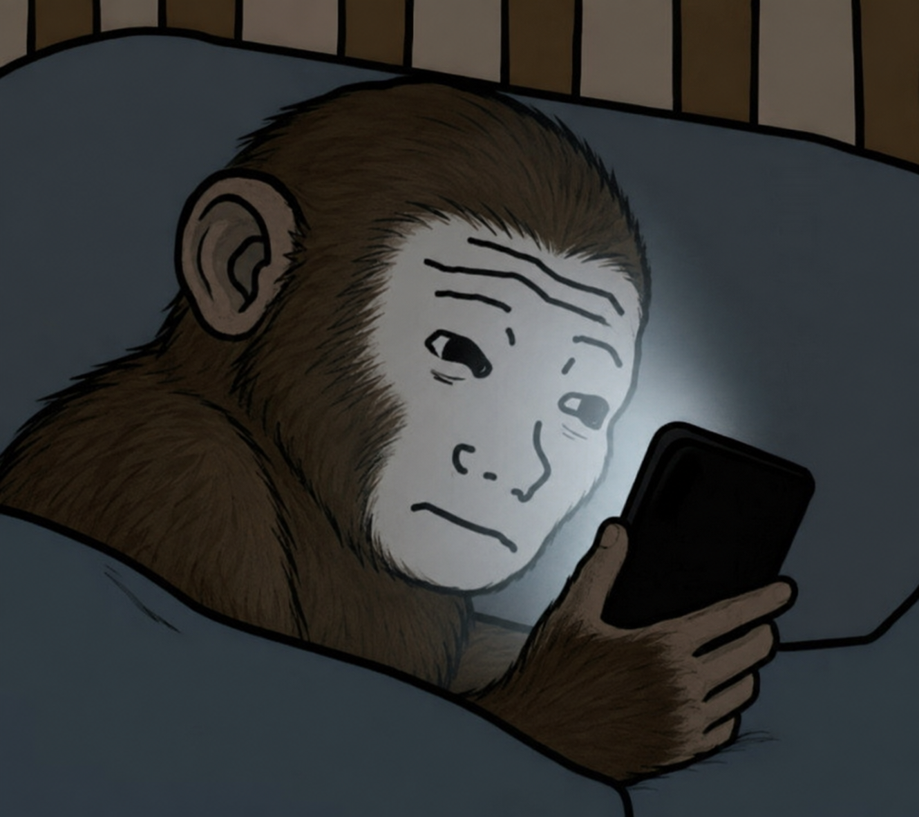 Doomscroller Ape looking at a phone in bed